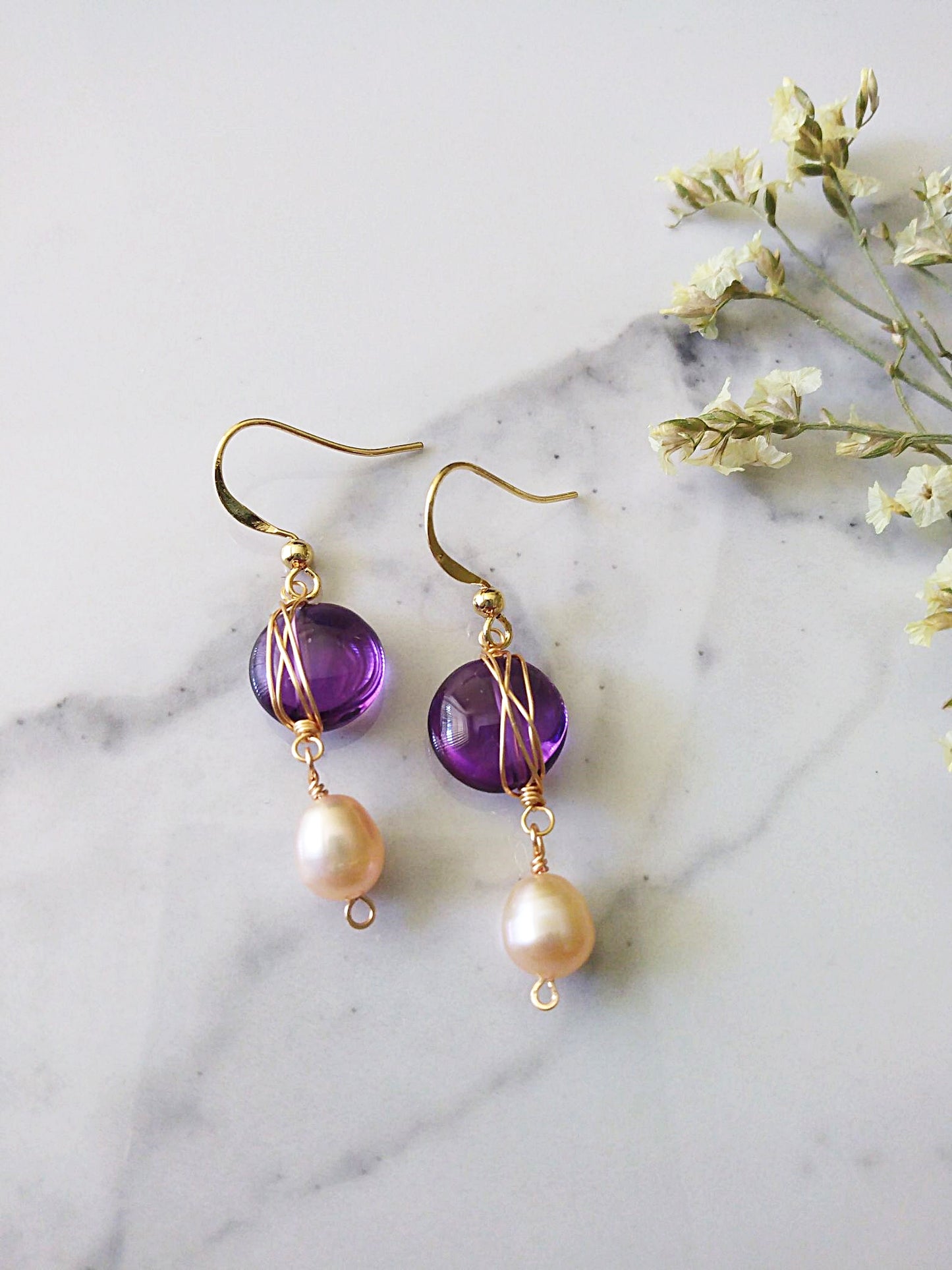 Amethyst and Ballet Pink Freshwater Pearl Dangle Gold Filled Earrings E140081
