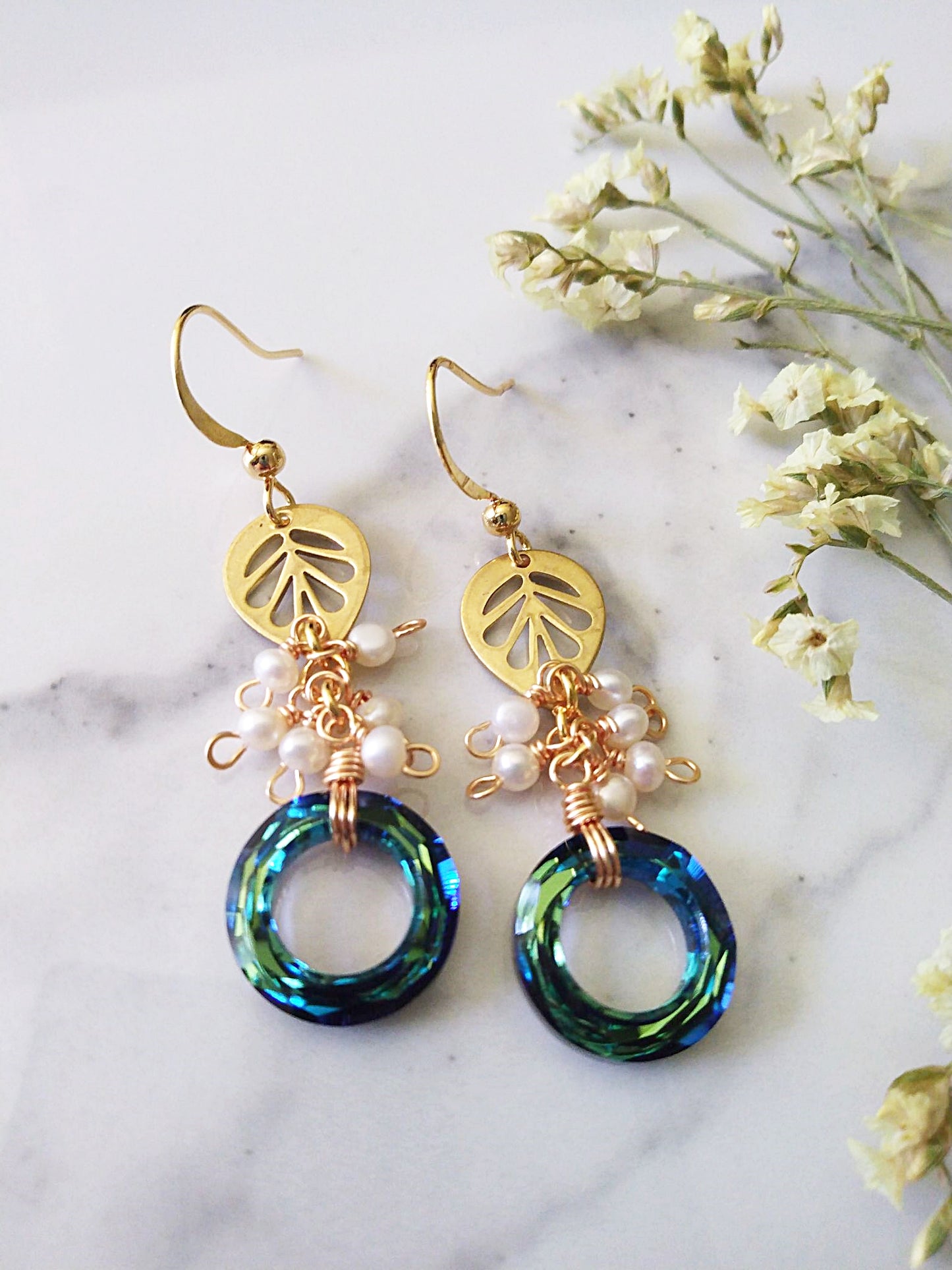 Bridal Pearl Cluster Bermuda Blue Gold Filled Earrings E140087