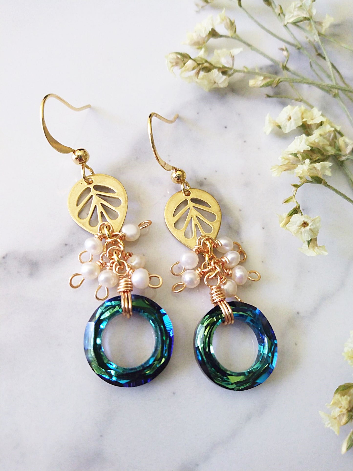 Bridal Pearl Cluster Bermuda Blue Gold Filled Earrings E140087