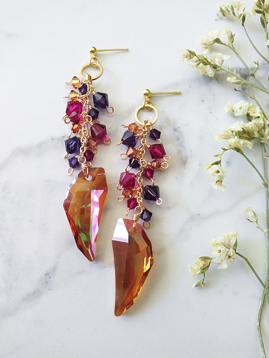 Rich Vivid Ruby Purple Copper Austrian Angel Wing Crystals Gold Filled Earrings E140119