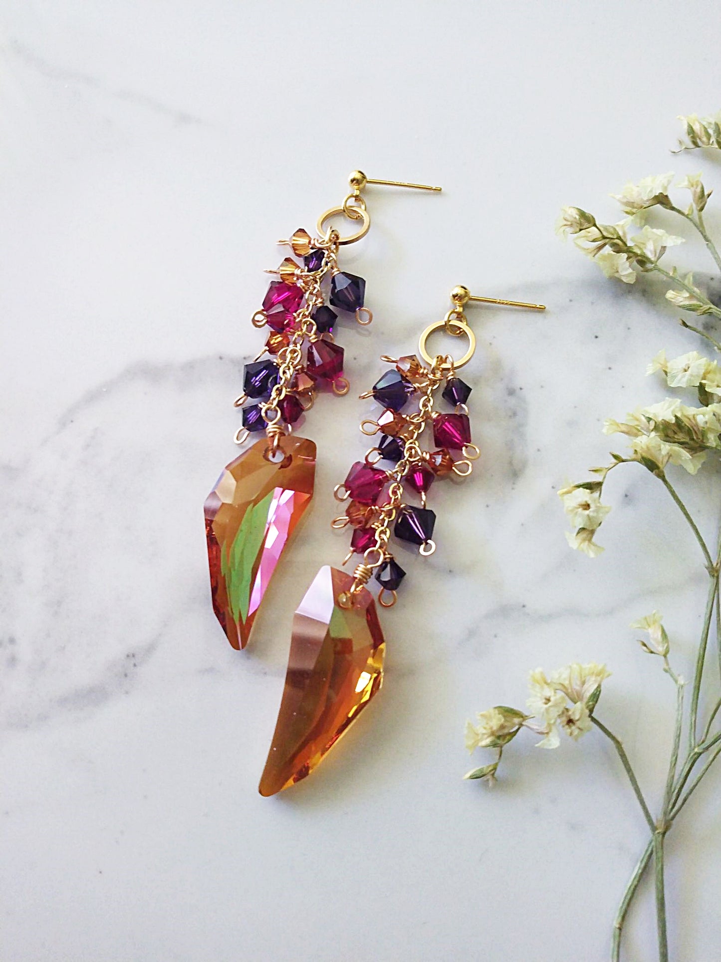 Rich Vivid Ruby Purple Copper Austrian Angel Wing Crystals Gold Filled Earrings E140119