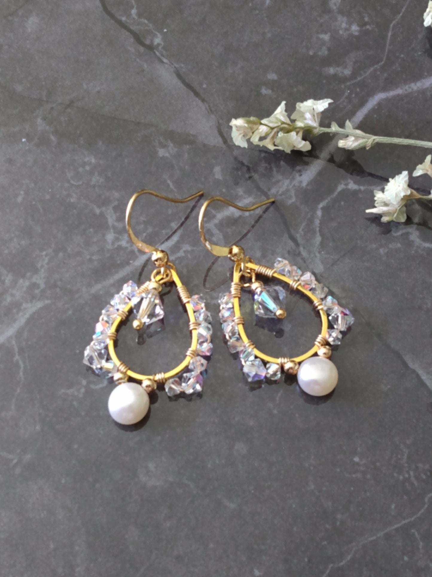 Off White Pearl and Crystal Bridal Gold Filled Earrings E140109