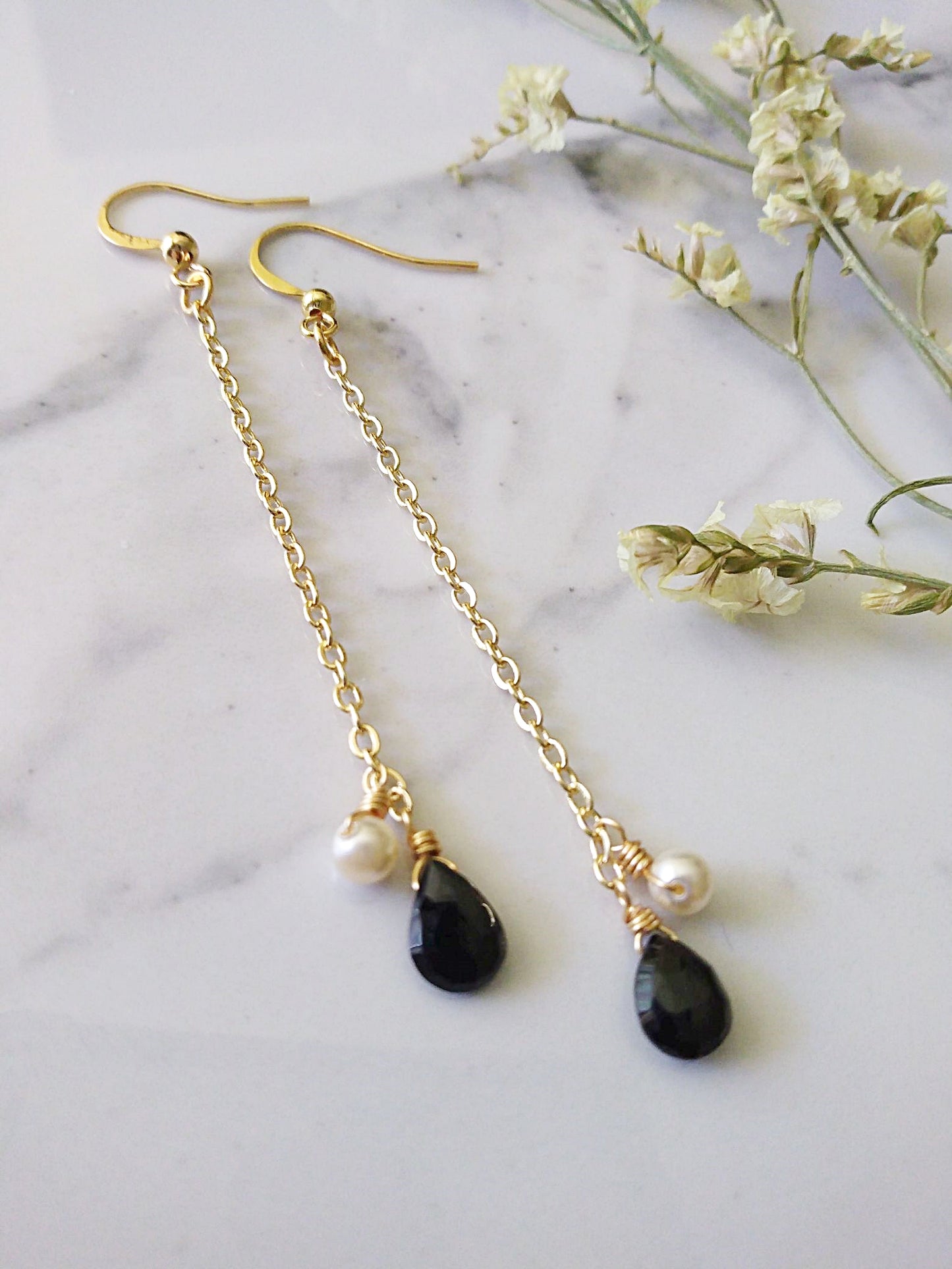 Long Delicate Black Spinel Gold Filled Earrings E140017