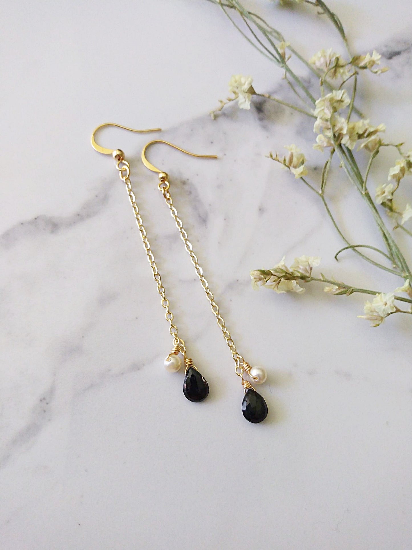 Long Delicate Black Spinel Gold Filled Earrings E140017