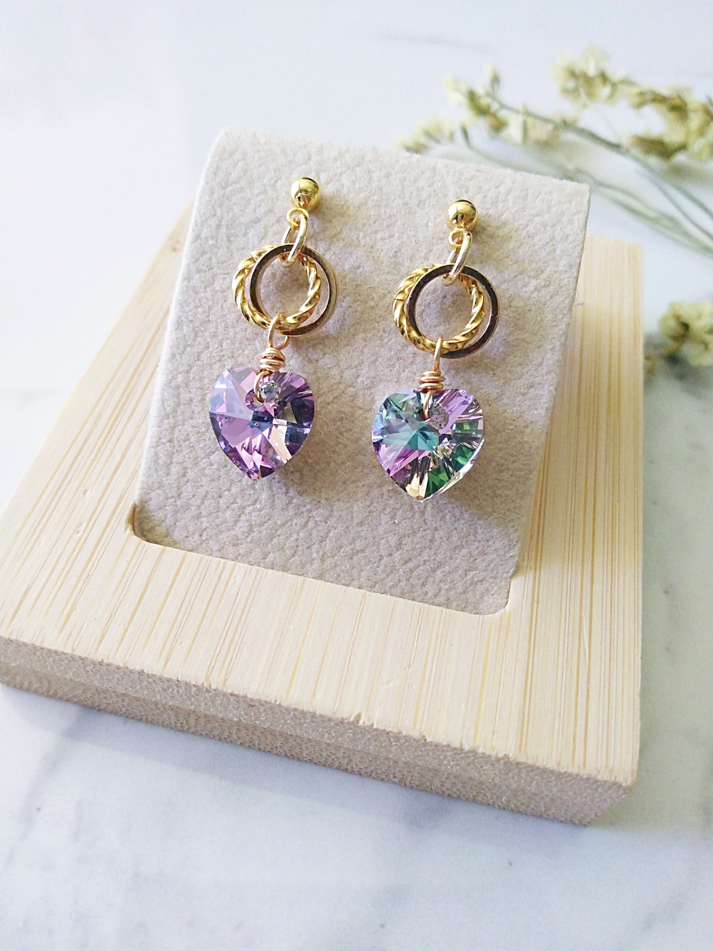 Twisted Ring Crystal Heart Gold Filled Earrings E140076
