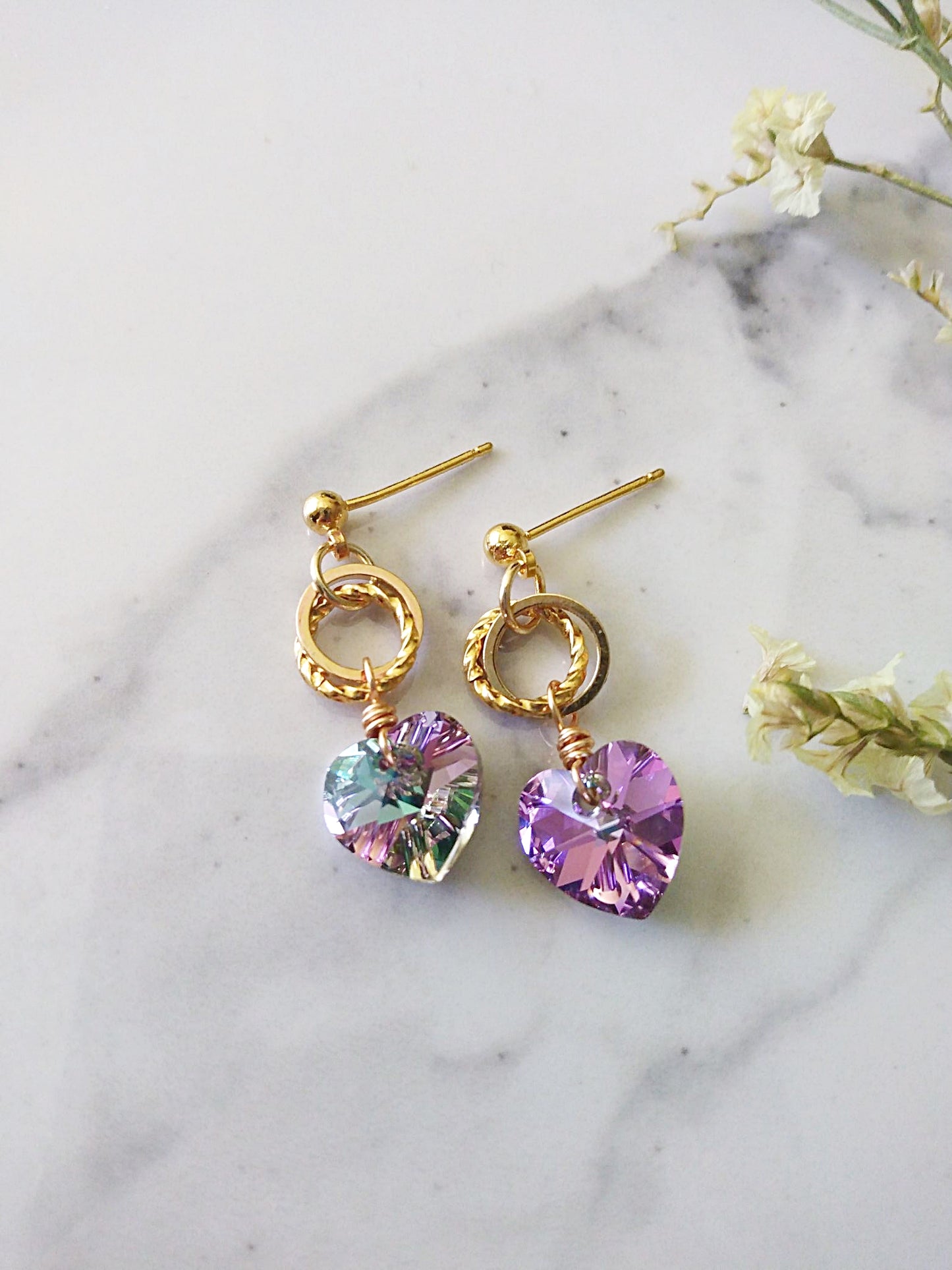 Twisted Ring Crystal Heart Gold Filled Earrings E140076