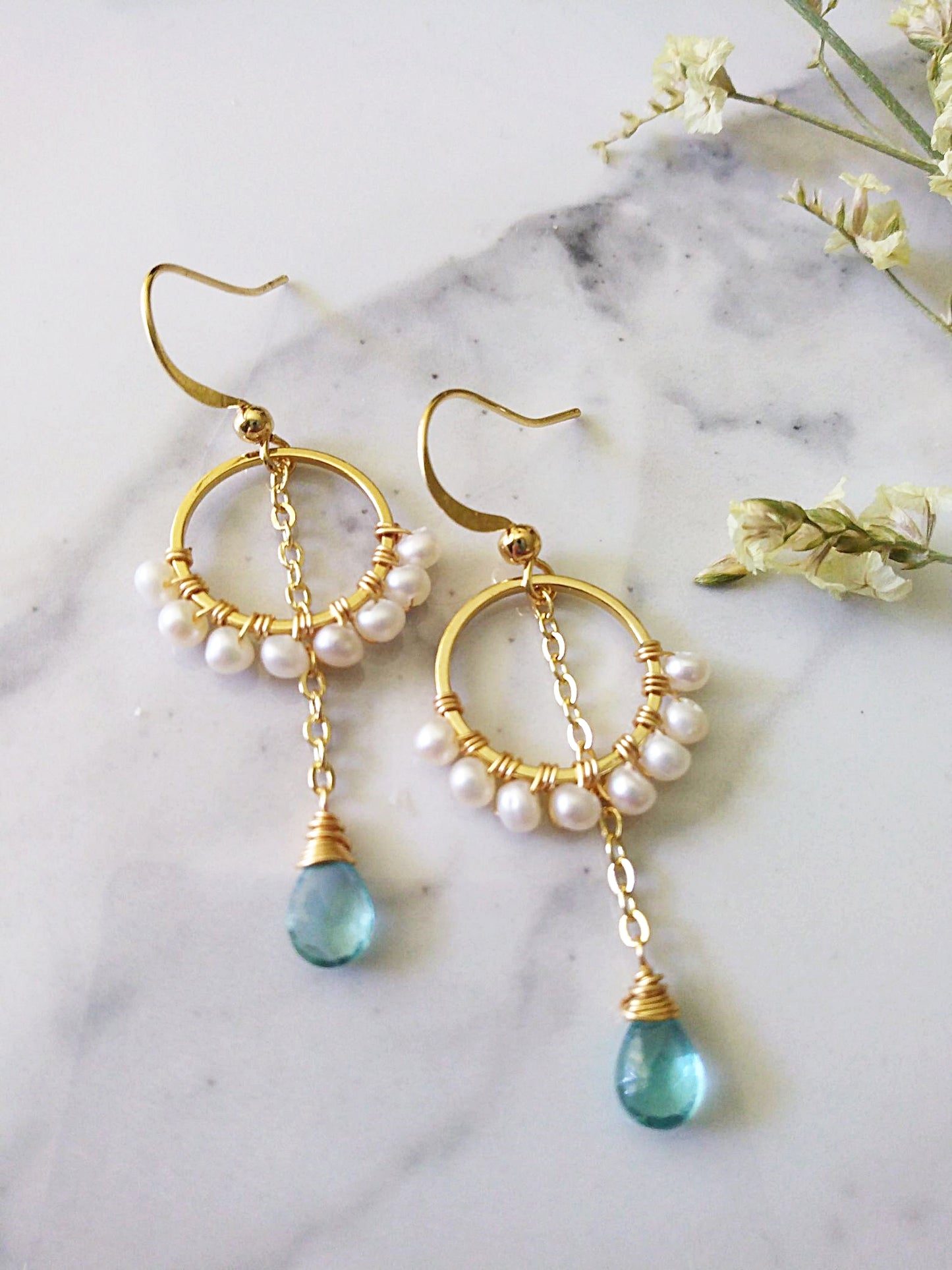 Tiny Freshwater Pearl Apatite Ring Gold Filled Earrings E140097