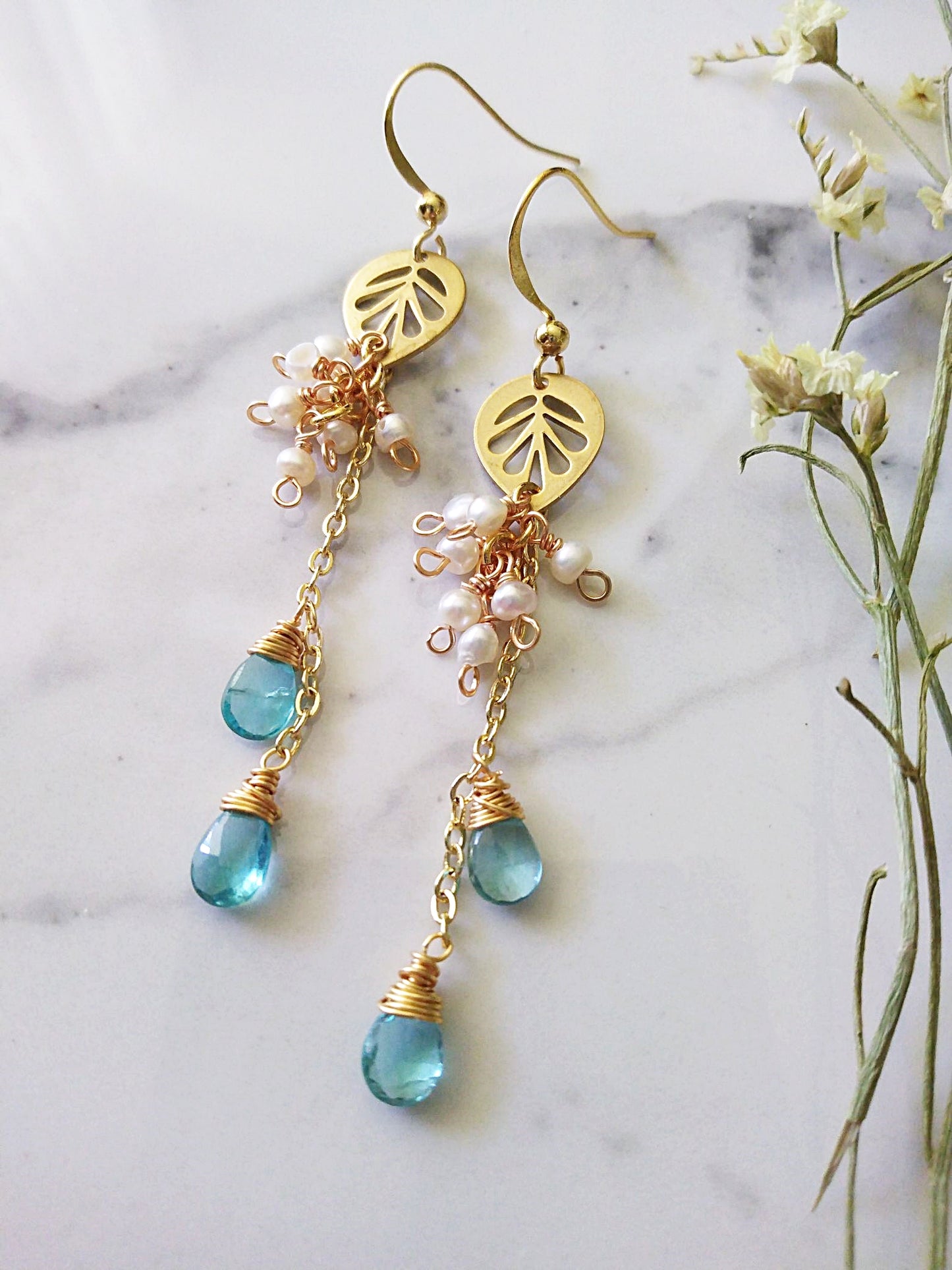 Nautical Theme Apatite Freshwater Pearl Gold Filled Earrings E140099