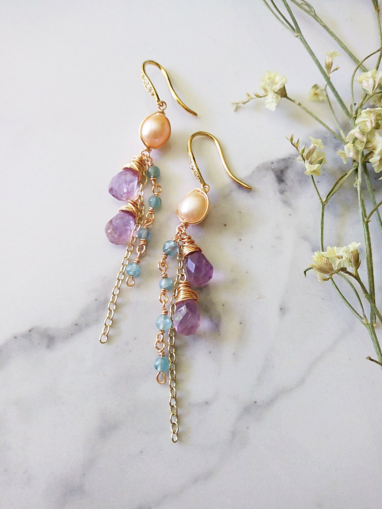Long Semi Precious Large Freshwater Pearl Gold Filled Earrings E140130