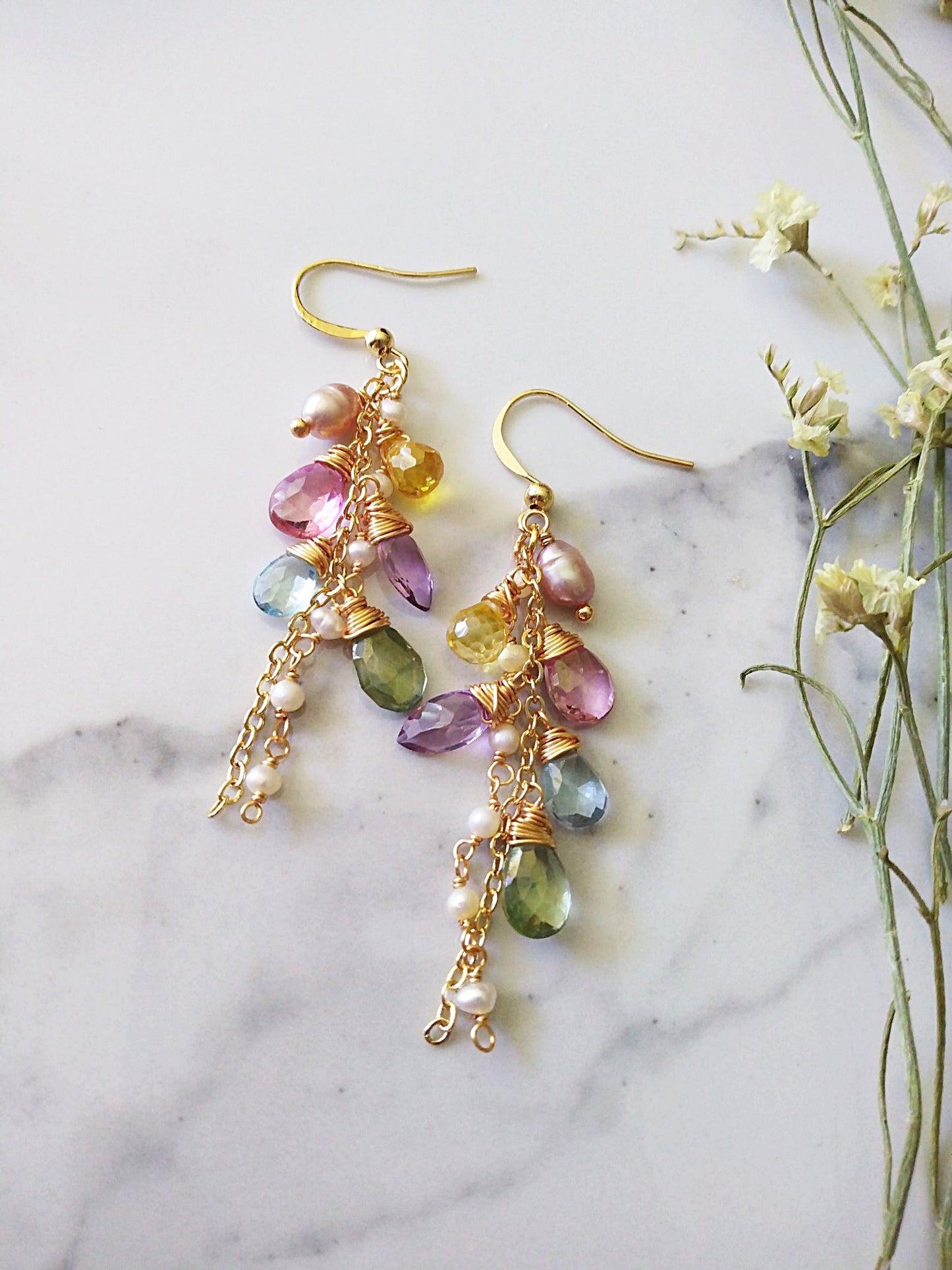 Multi Semi Precious Briolette Gemstone Cluster Gold Filled Earrings E140170