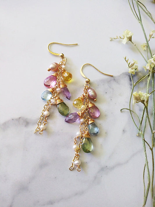 Multi Semi Precious Briolette Gemstone Cluster Gold Filled Earrings E140170