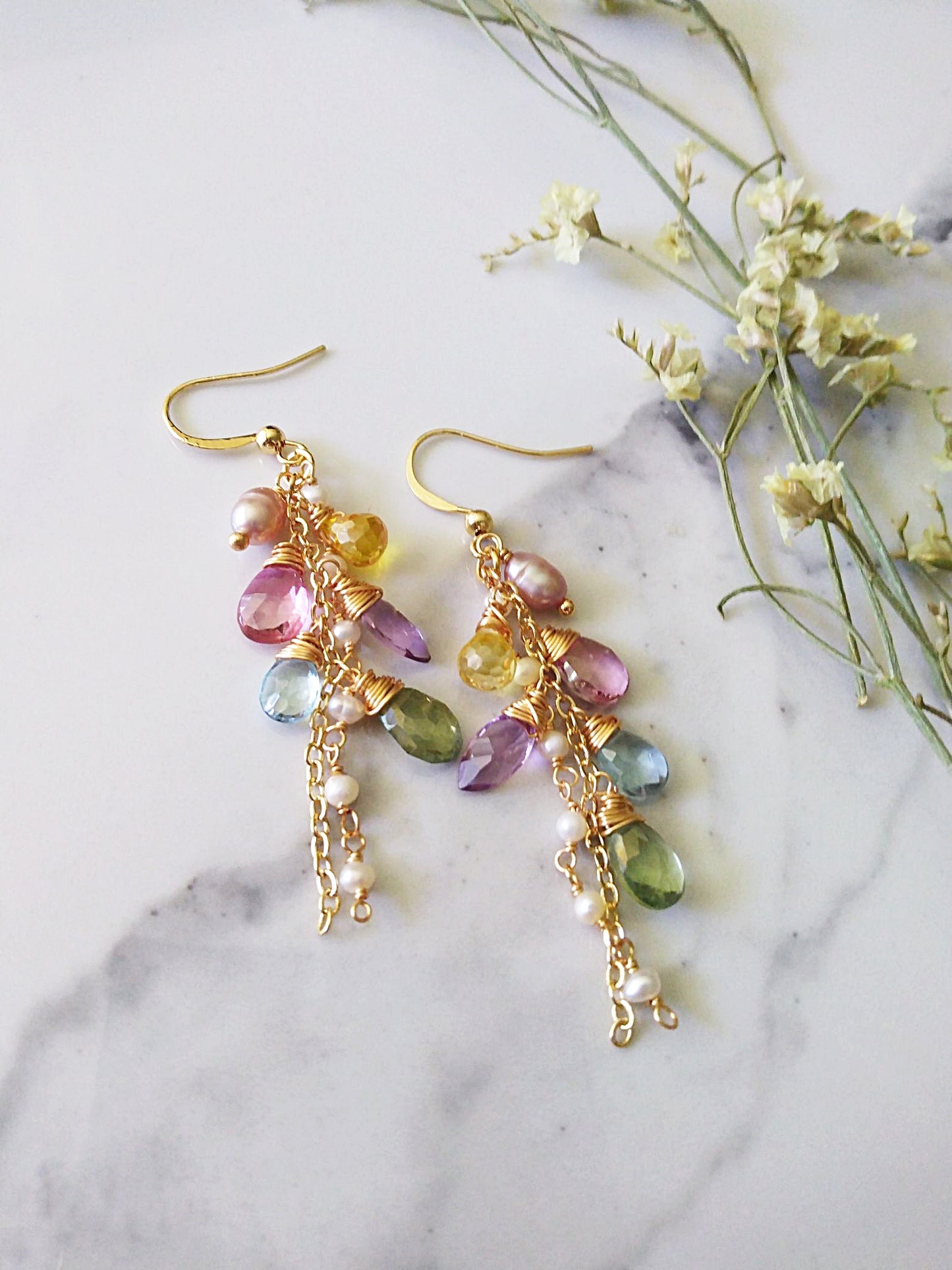 Multi Semi Precious Briolette Gemstone Cluster Gold Filled Earrings E140170