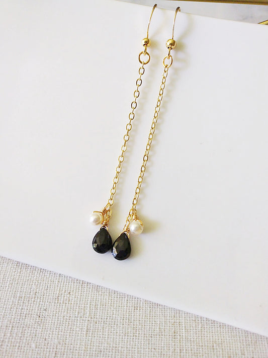 Long Delicate Black Spinel Gold Filled Earrings E140017