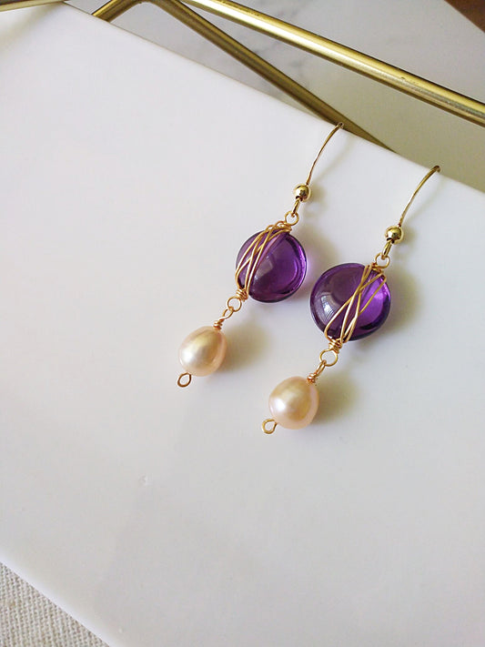 Amethyst and Ballet Pink Freshwater Pearl Dangle Gold Filled Earrings E140081