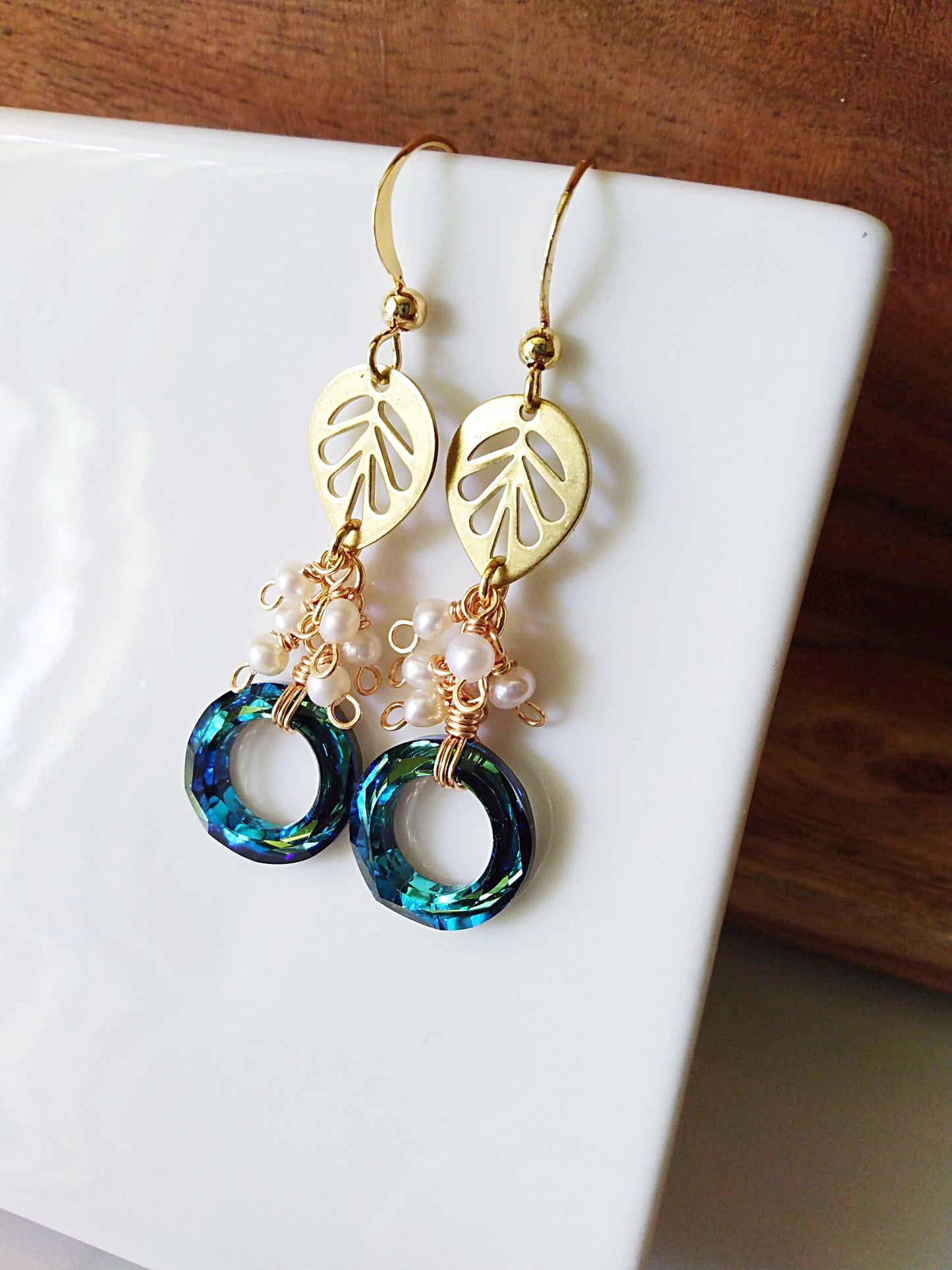 Bridal Pearl Cluster Bermuda Blue Gold Filled Earrings E140087