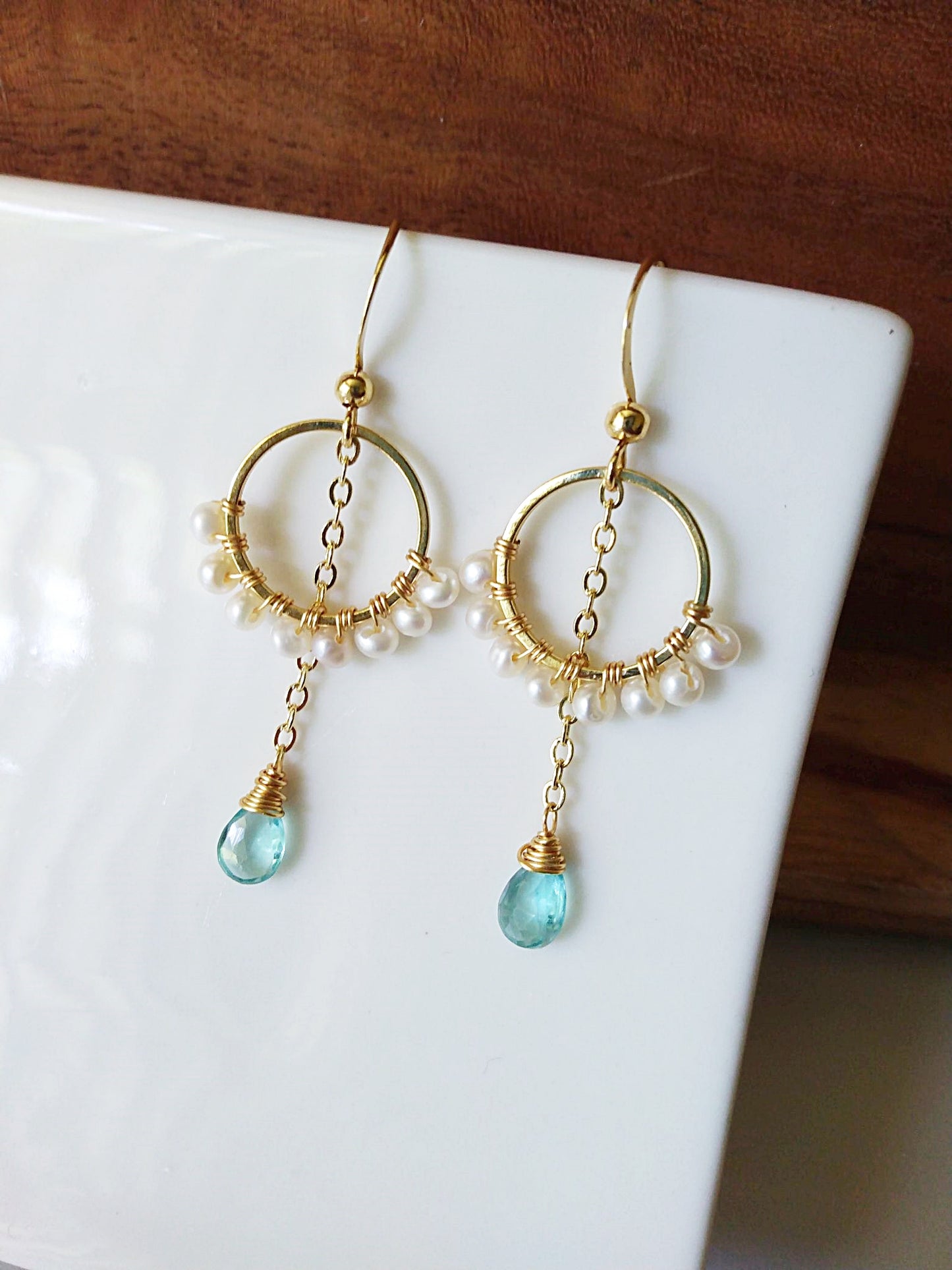 Tiny Freshwater Pearl Apatite Ring Gold Filled Earrings E140097
