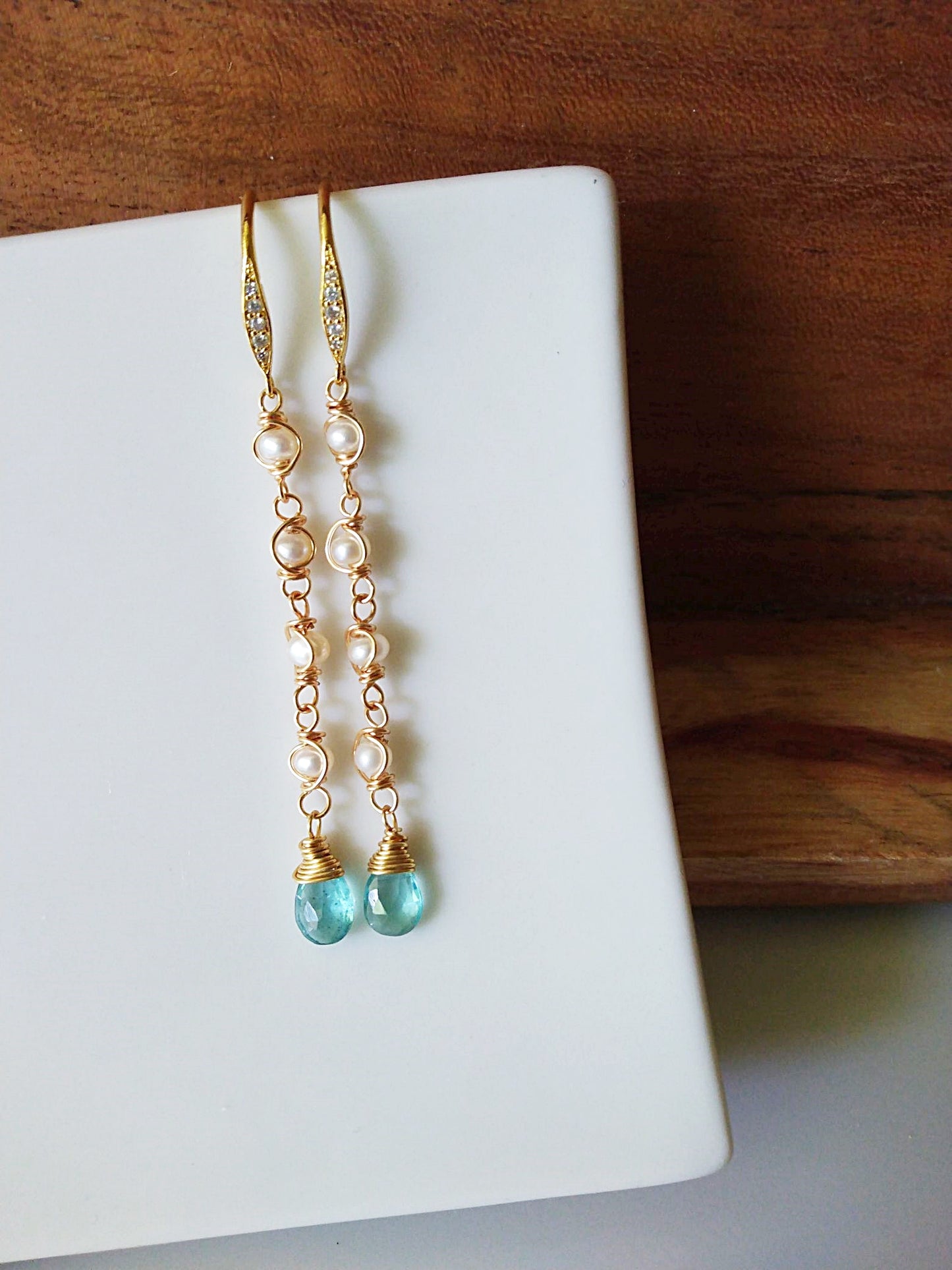 Long Slender Apatite Tiny Freshwater Pearl Gold Filled Earrings E140098