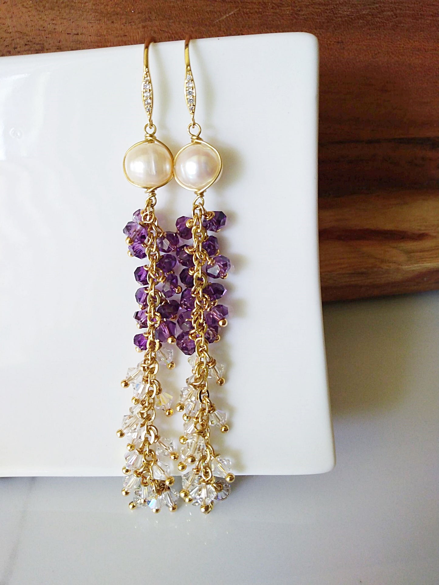 Long Dramatic Bridal Pearl Amethyst Austrian Crystal Gold Filled Earrings E140101