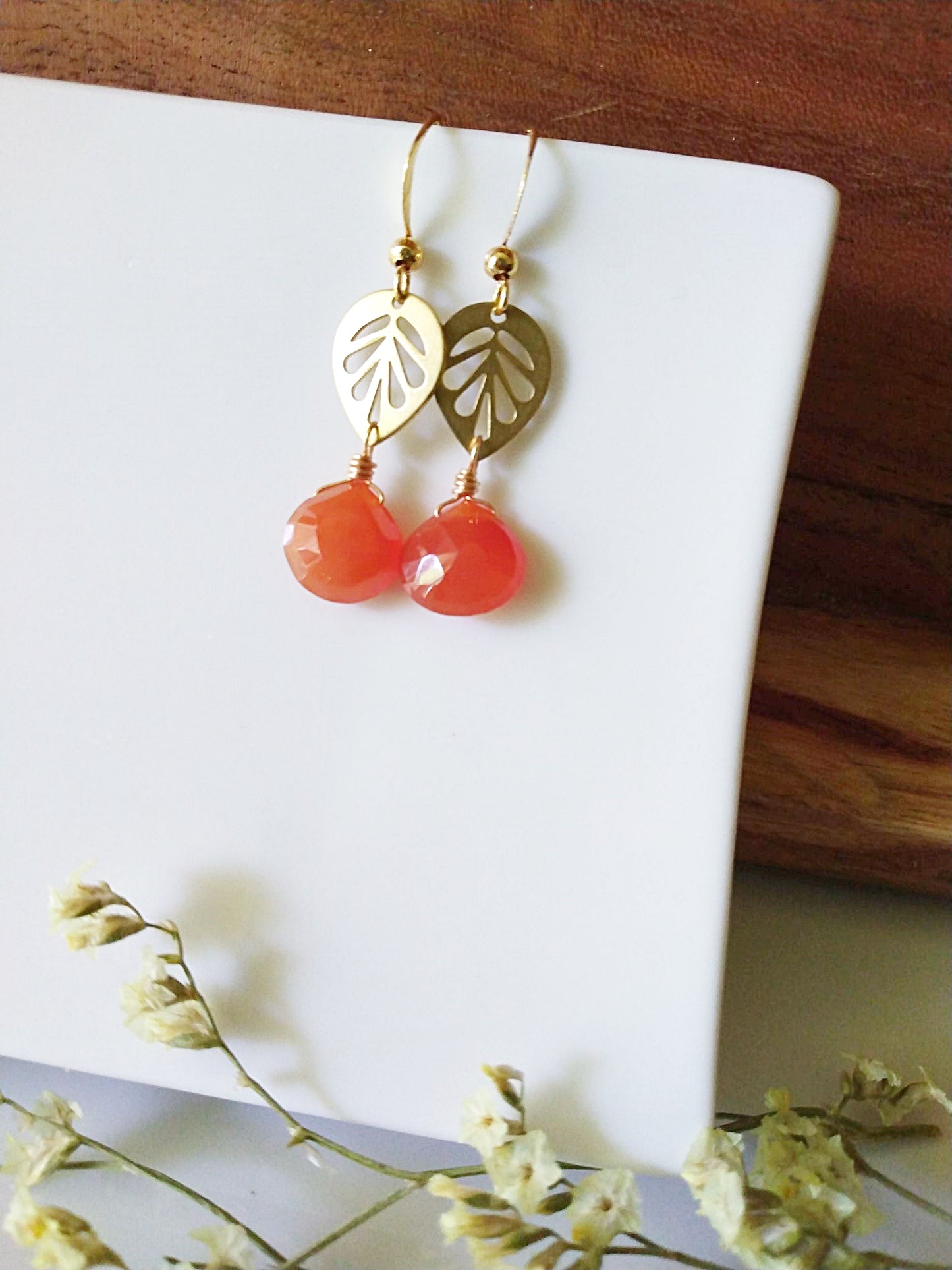 Orange Carnelian and Leaf Gold Filled Earrings E140072
