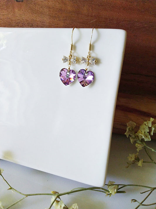 Gold Heart and Bow Crystal Earrings E140075