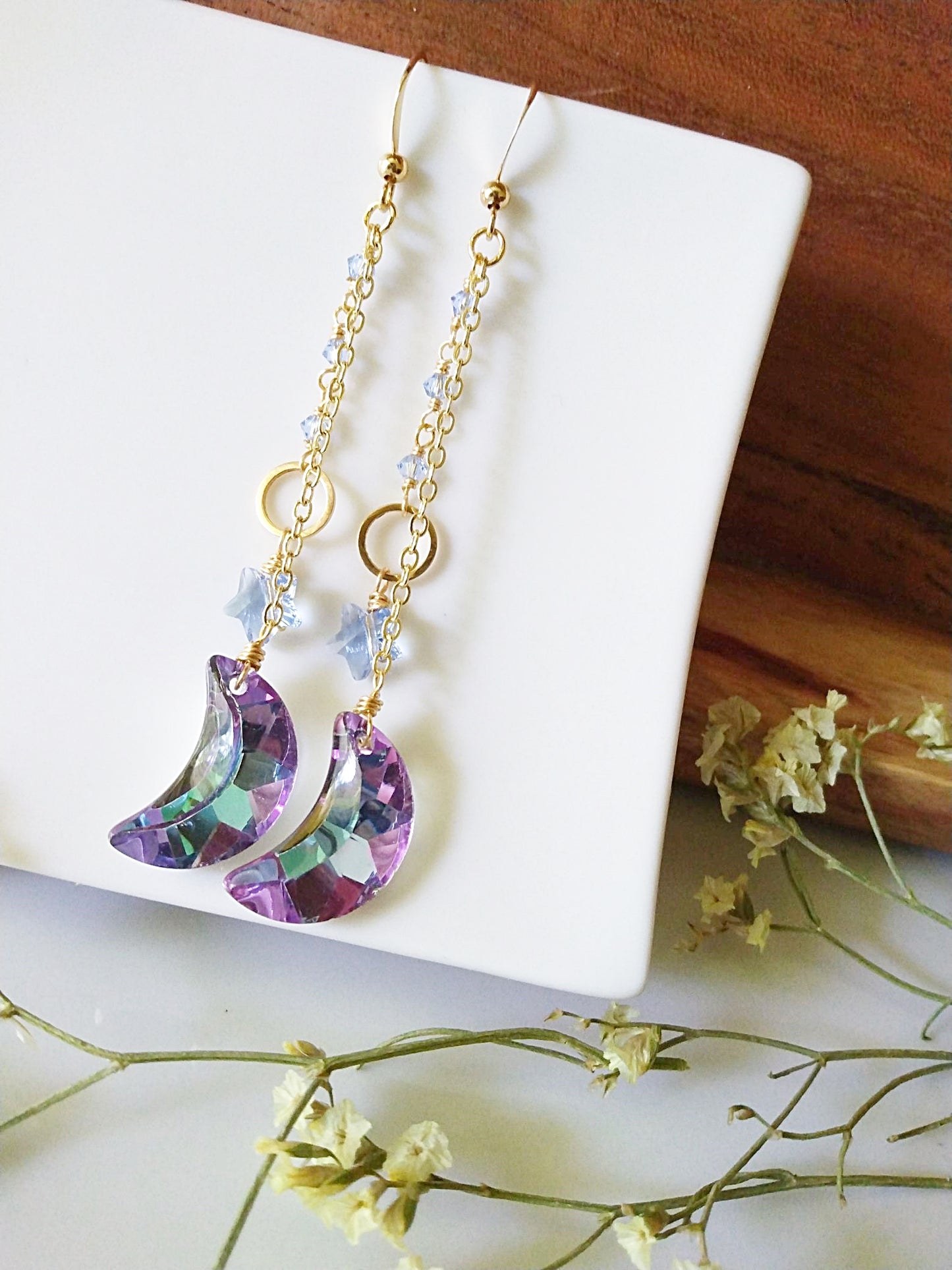 Moon and Star Gold Filled Dangle Earrings E140080