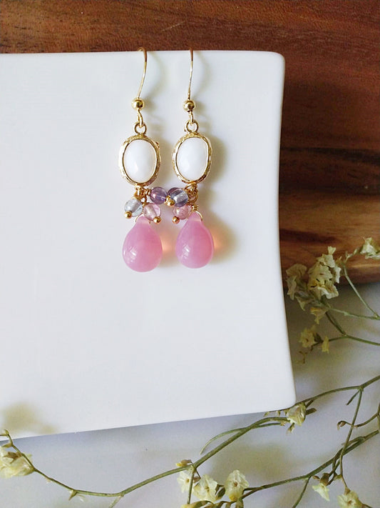 Pink Czech Glass and Opal Glass Gold Filled Earrings E140083