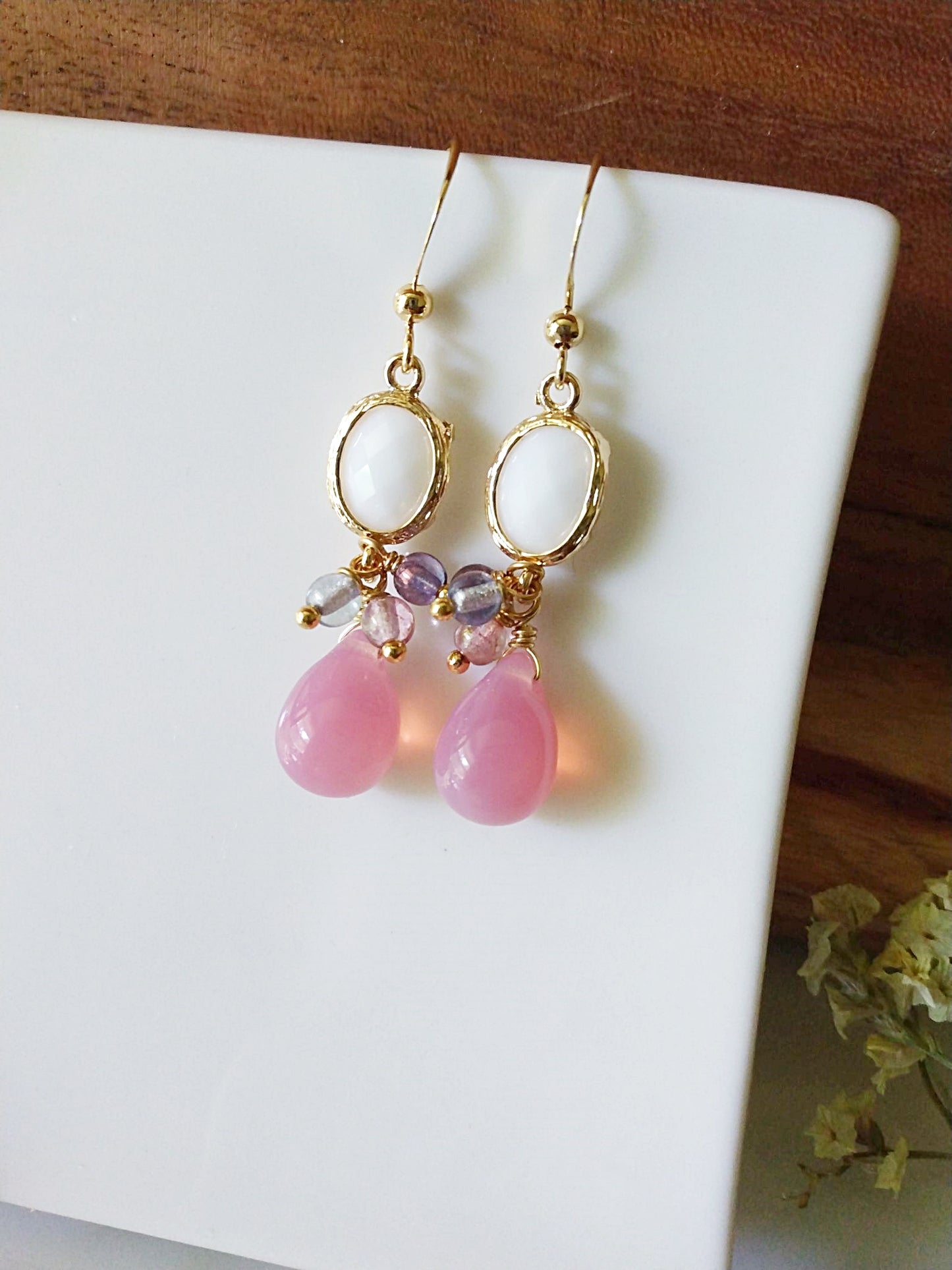 Pink Czech Glass and Opal Glass Gold Filled Earrings E140083