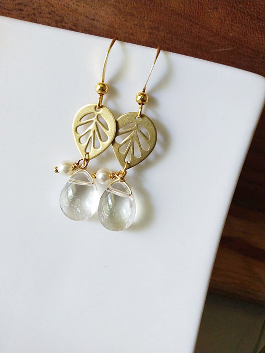 Clear Quartz Drop Nature Them Leaf Gold Filled Earrings E140104
