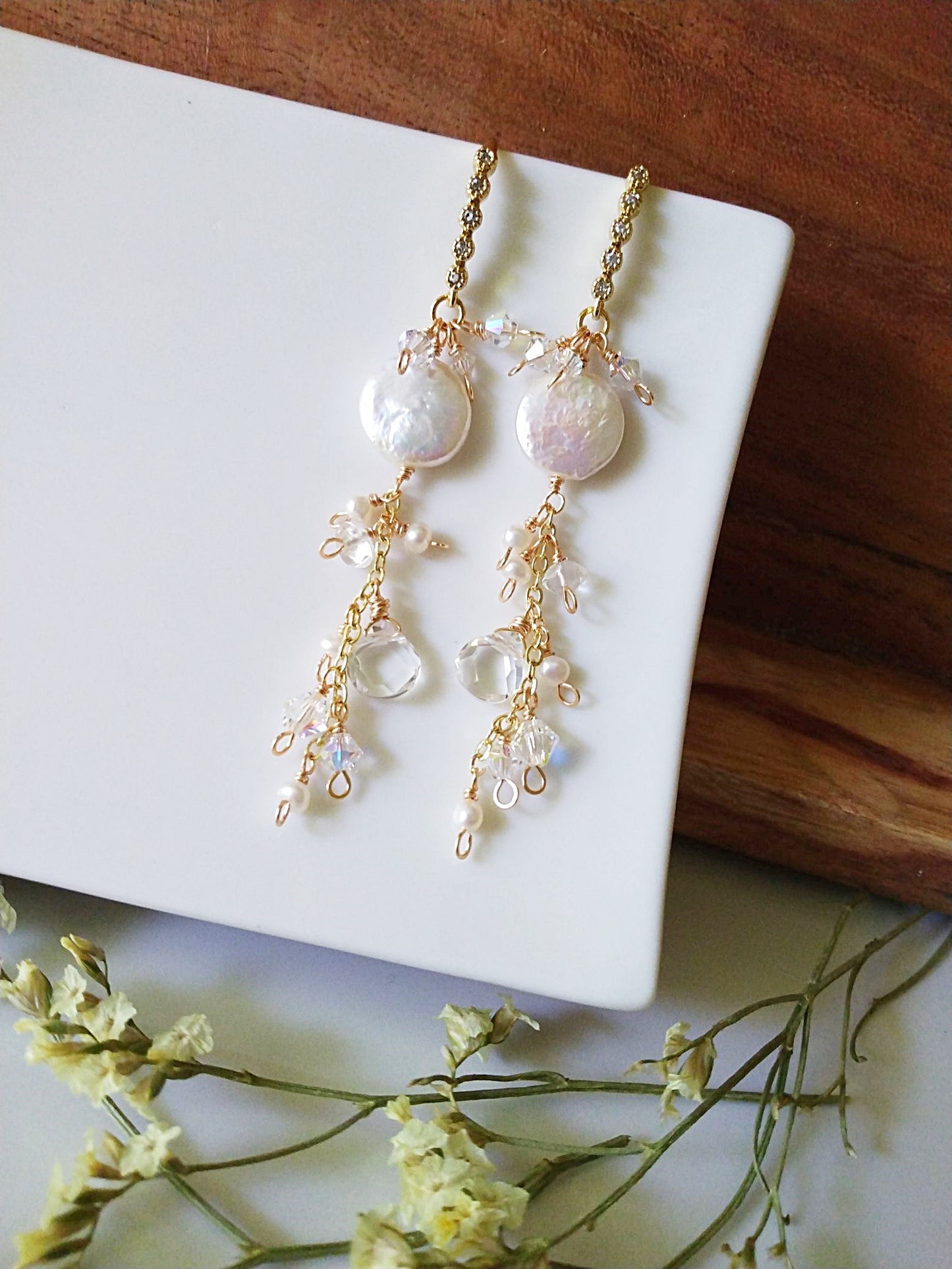 Dramatic Baroque Pearl and Crystal Cluster Bridal Gold Earrings E140107