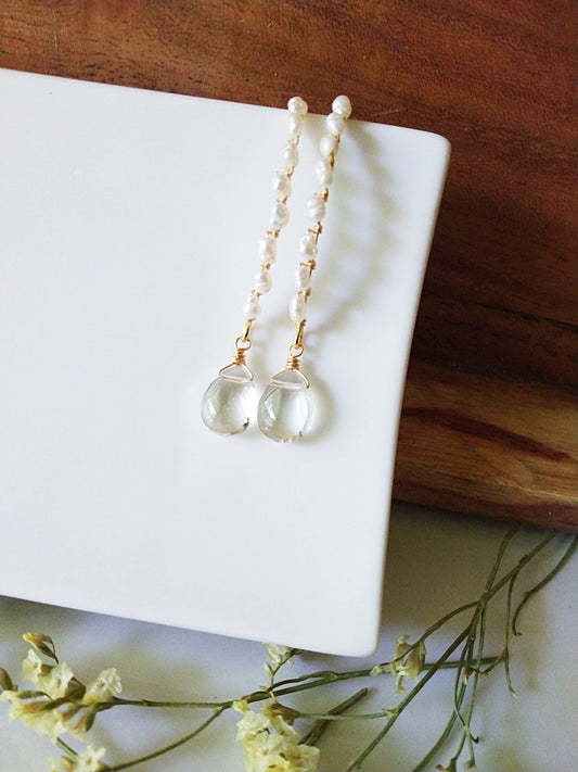 Long Slender Off White Pearl Clear Quartz Gold Earrings E140110