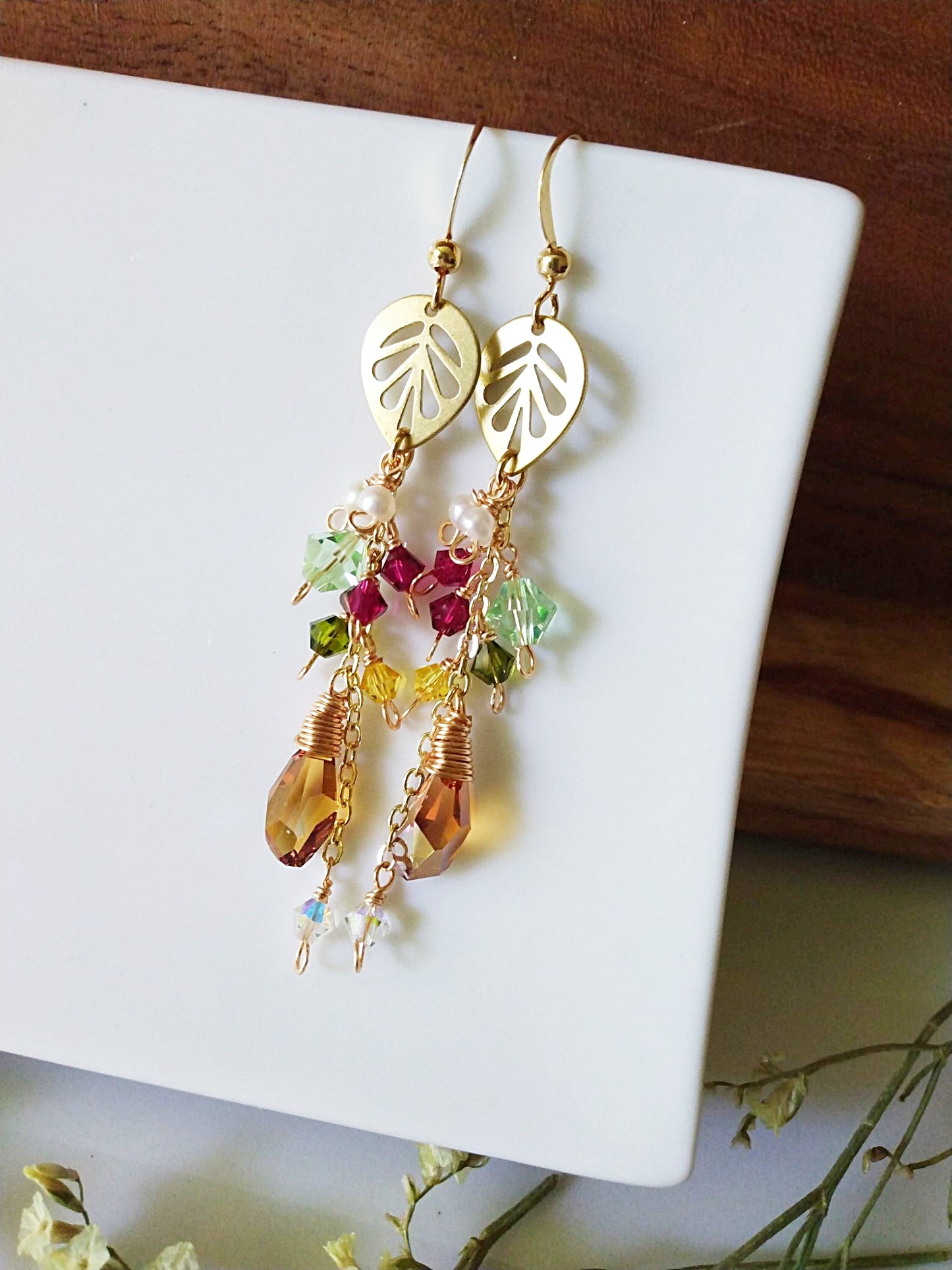 Radiant Nature Theme Austrian Crystal Geometric Leaf Gold Filled Earrings E140115