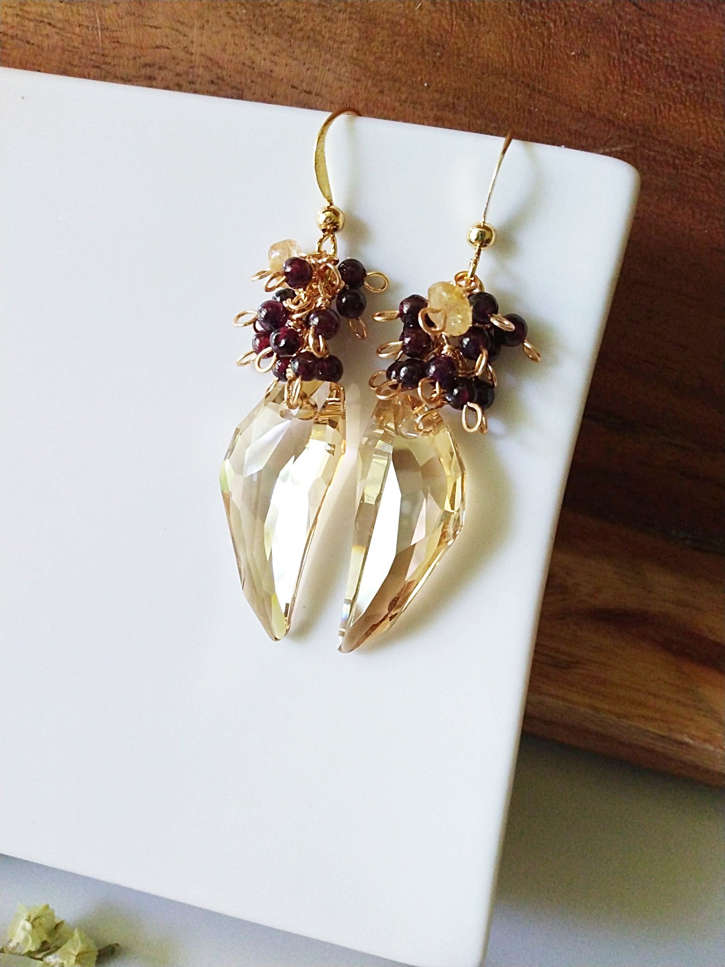 Dramatic Austrian Wing Crystals Garnet Cluster Gold Filled Earrings E140118