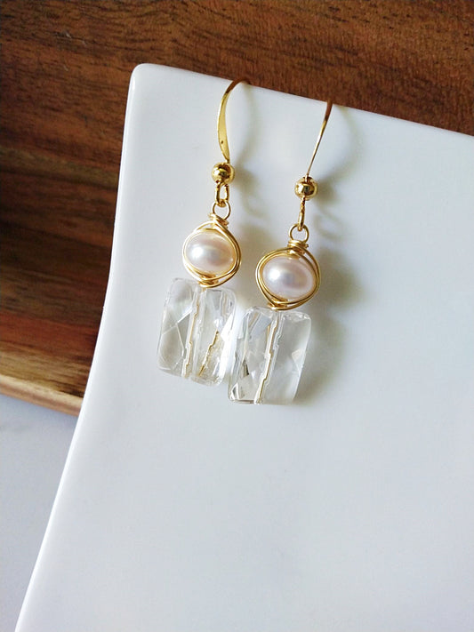Art Deco Inspired Quartz and Pearl Gold Filled Earrings E140124