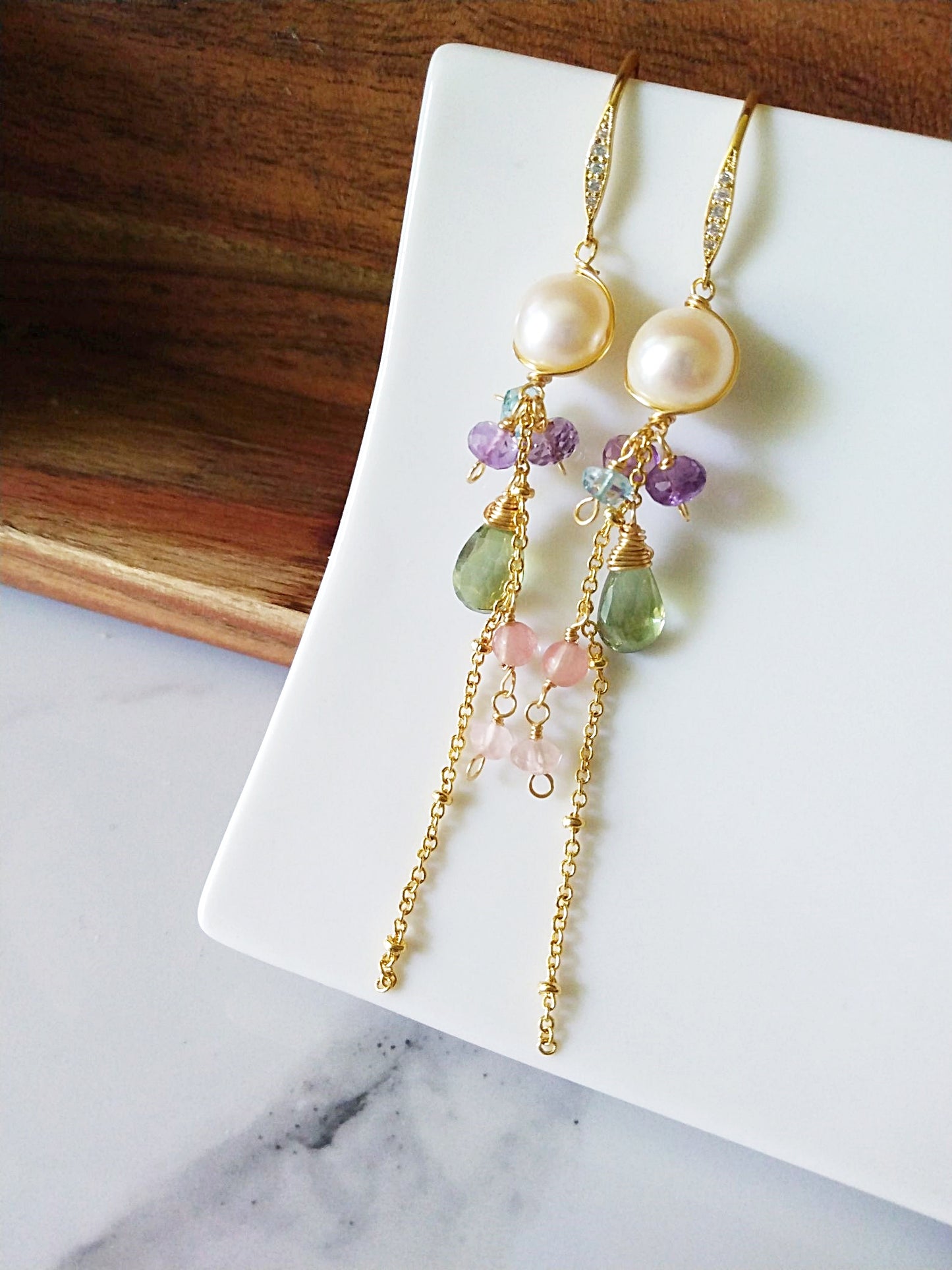 Hand Faceted Semi Precious Amethyst Aquamarine Green Amethyst Gold Filled Earrings 140129