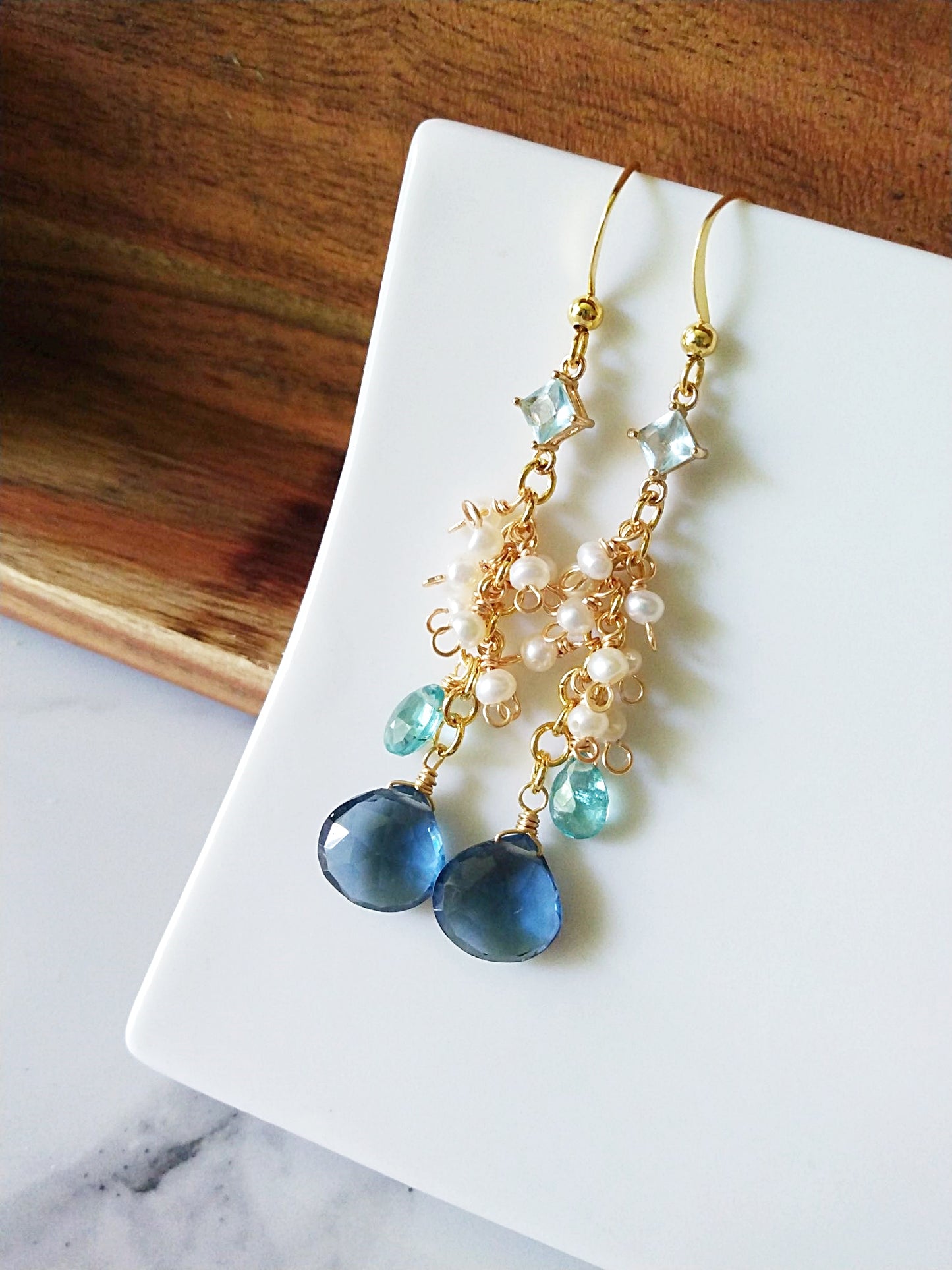 Beach Wedding London Blue Topaz Apatite Freshwater Pearl Gold Filled Earrings E140134