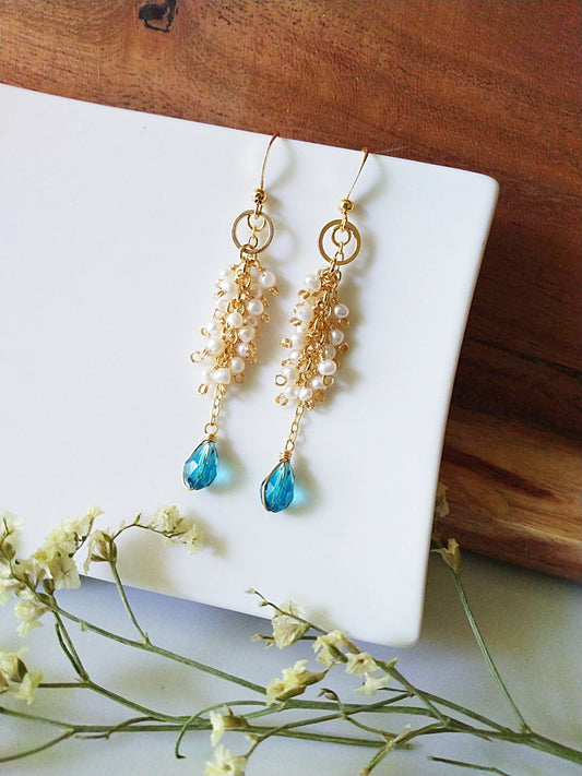 Bridal Pearl Cluster Something Blue Gold Filled Earrings E140135