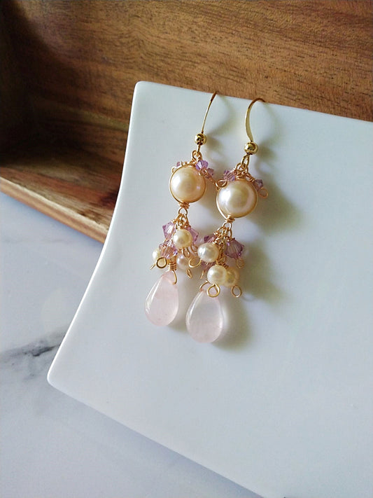 Dreamy Long Bridal Soft Pink Pearls and Quartz Gold Filled Earrings E140143