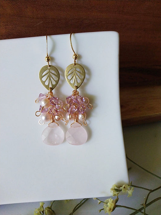 Romantic Rose Quartz Freshwater Pearl and Austrian Crystal Gold Filled Earrings E140144