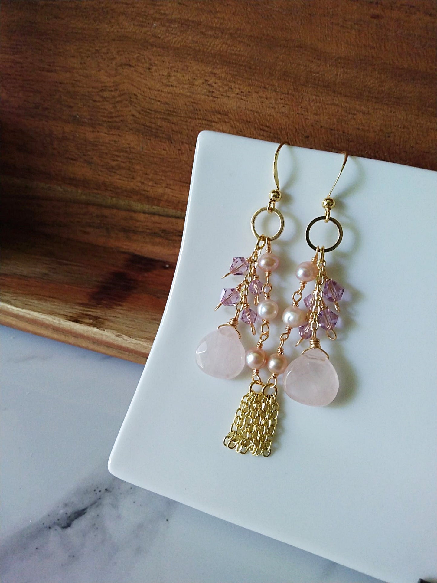 Flirty Long Sweeping Bridal Rose Quartz Gold Filled Earrings E140145