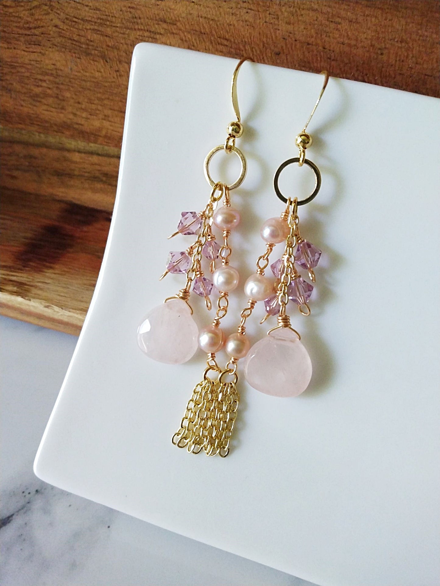 Flirty Long Sweeping Bridal Rose Quartz Gold Filled Earrings E140145