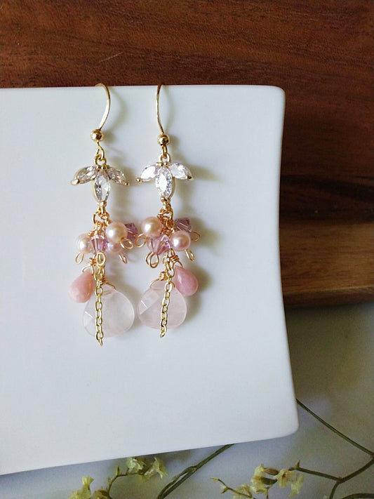 Unique Pink Opal Rose Quartz Freshwater Pearl Gold Filled Earrings E140146