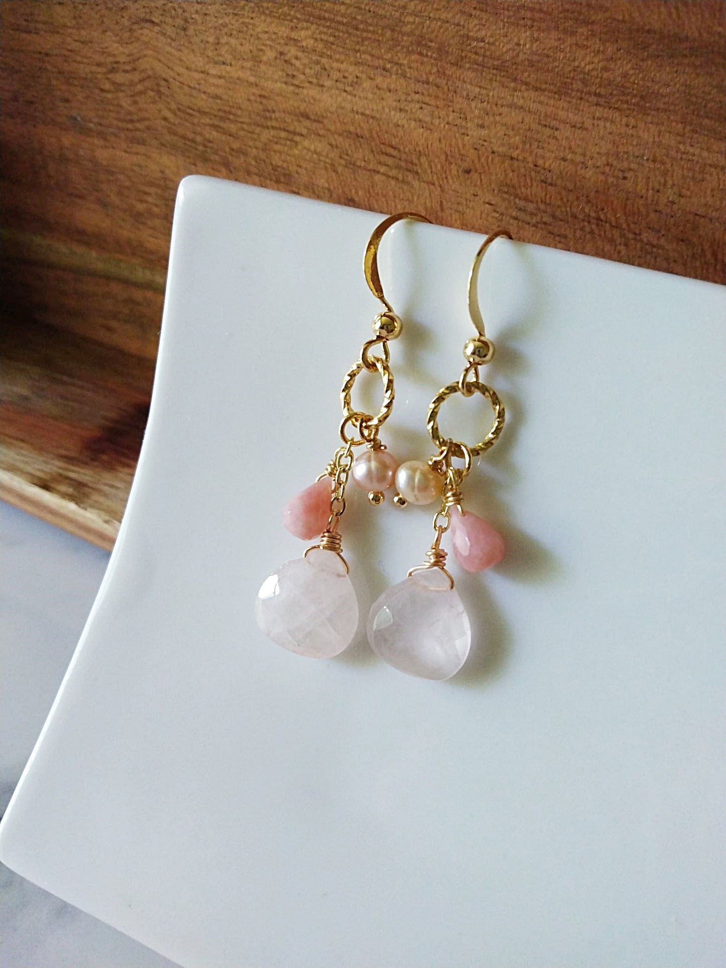 Flirty Pink Opal Rose Quartz Pearl Gold Filled Earrings E140148