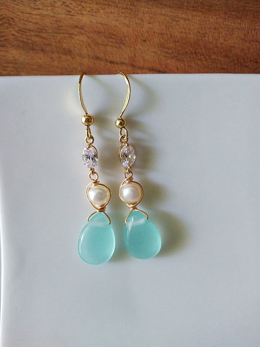 Something Blue Bridesmaid Gift Blue Chalcedony Pearl Teardrop Gold Filled Earrings E140153