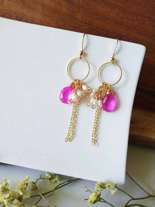 Hot Pink Topaz Baroque Pearl Clusters Gold Filled Earrings E140154