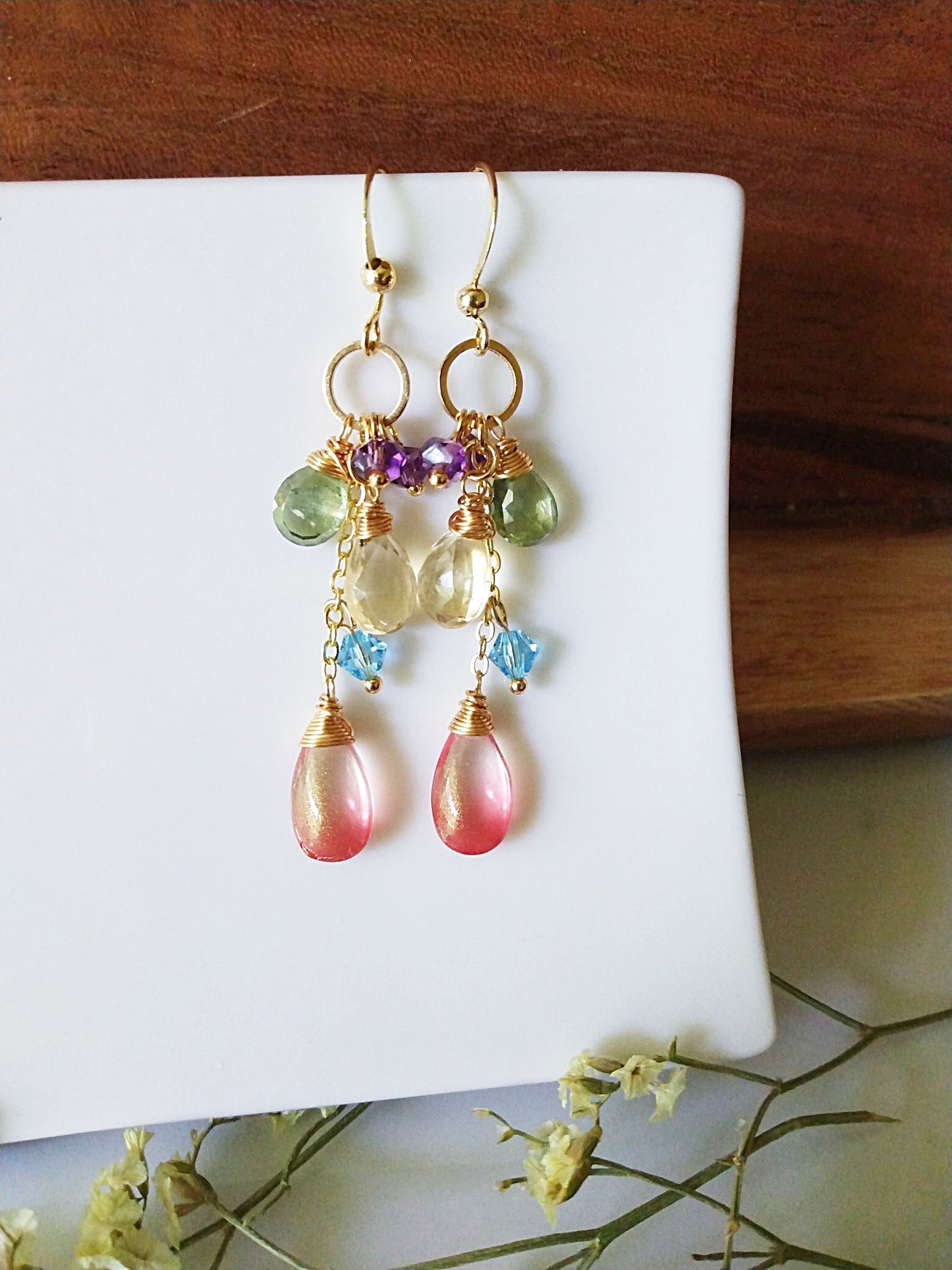 Amethyst Aquamarine Citrine Green Quartz Briolette Gold Filled Earrings E140156