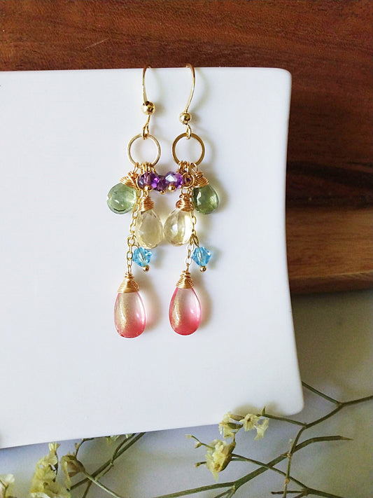 Amethyst Aquamarine Citrine Green Quartz Briolette Gold Filled Earrings E140156