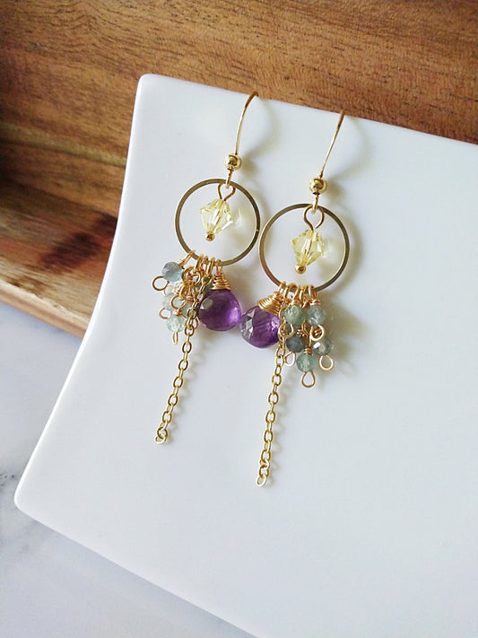 Amethyst Apatite Austrian Crystals Gold Filled Earrings E140161