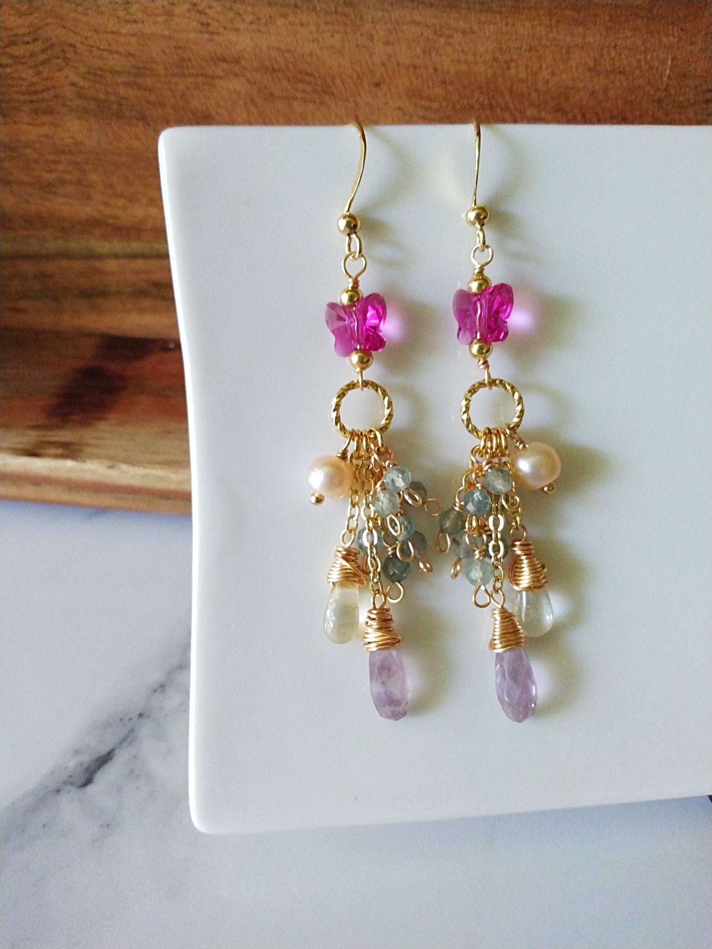 Nature Theme Butterfly Semi Precious Gemstones Gold Filled Earrings E140163