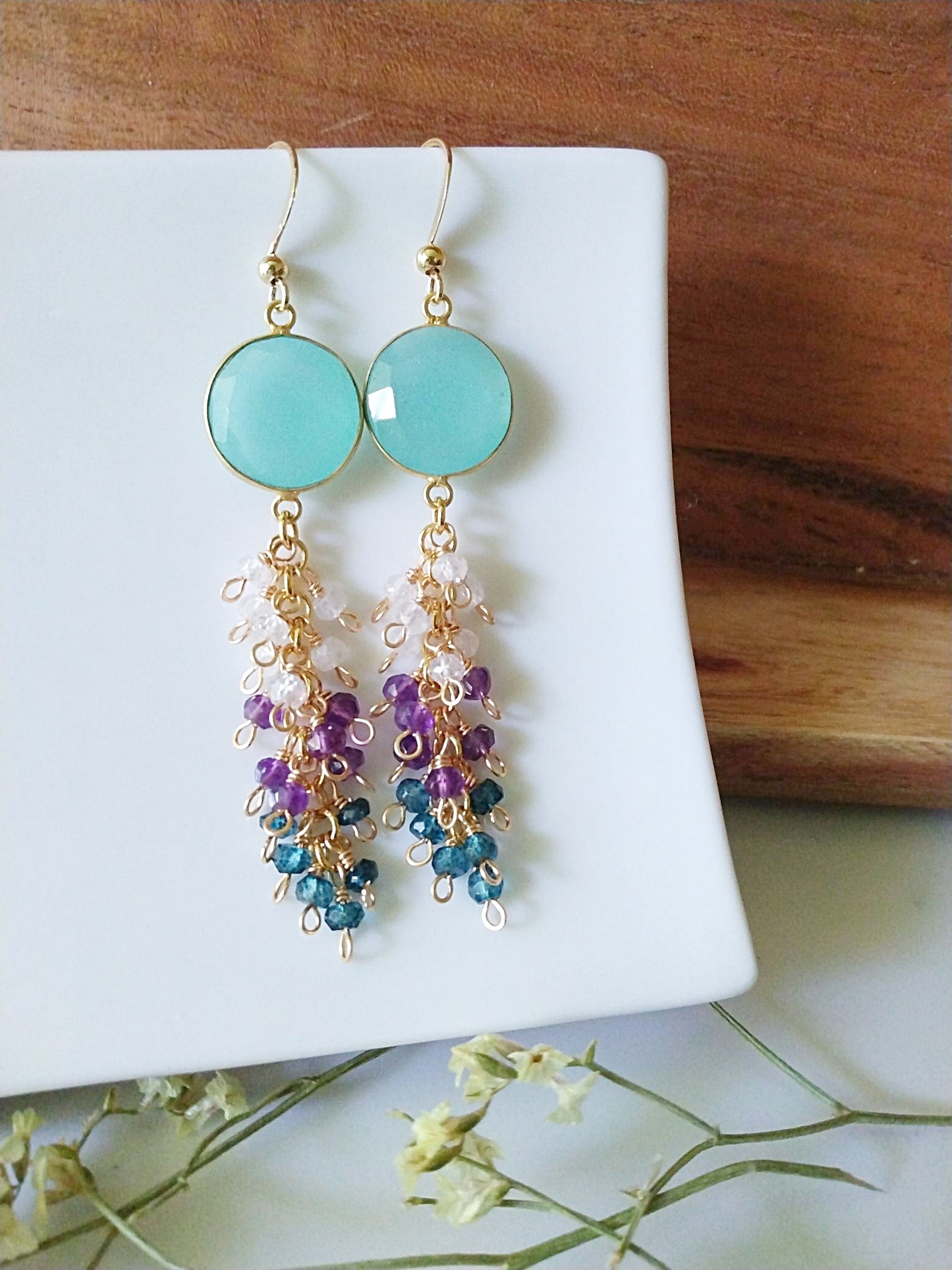 Dramatic Sea Foam Blue Chalcedony Amethyst Apatite Gemstone Gold Filled Earrings E140164