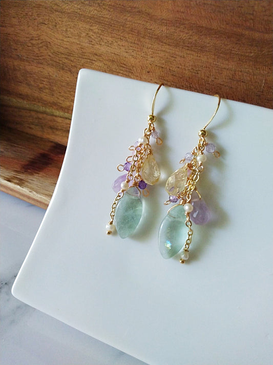 Statement Bridal Green Fluorite Citrine Amethyst Pearl Gold Filled Earrings E140173